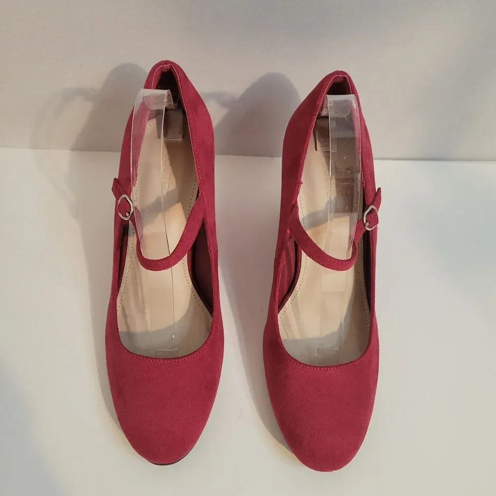 Coutgo Women’s Size 10 Red Mary Jane Wedge Heels Faux Suede Shoes